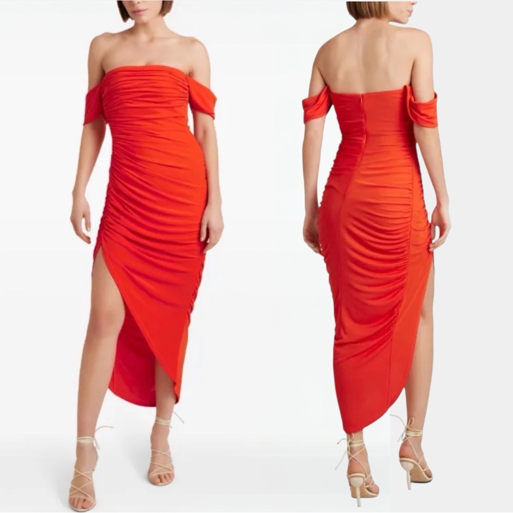 NWT Cinq A Sept Delaney Ruched Midi Dress Orange Size 16